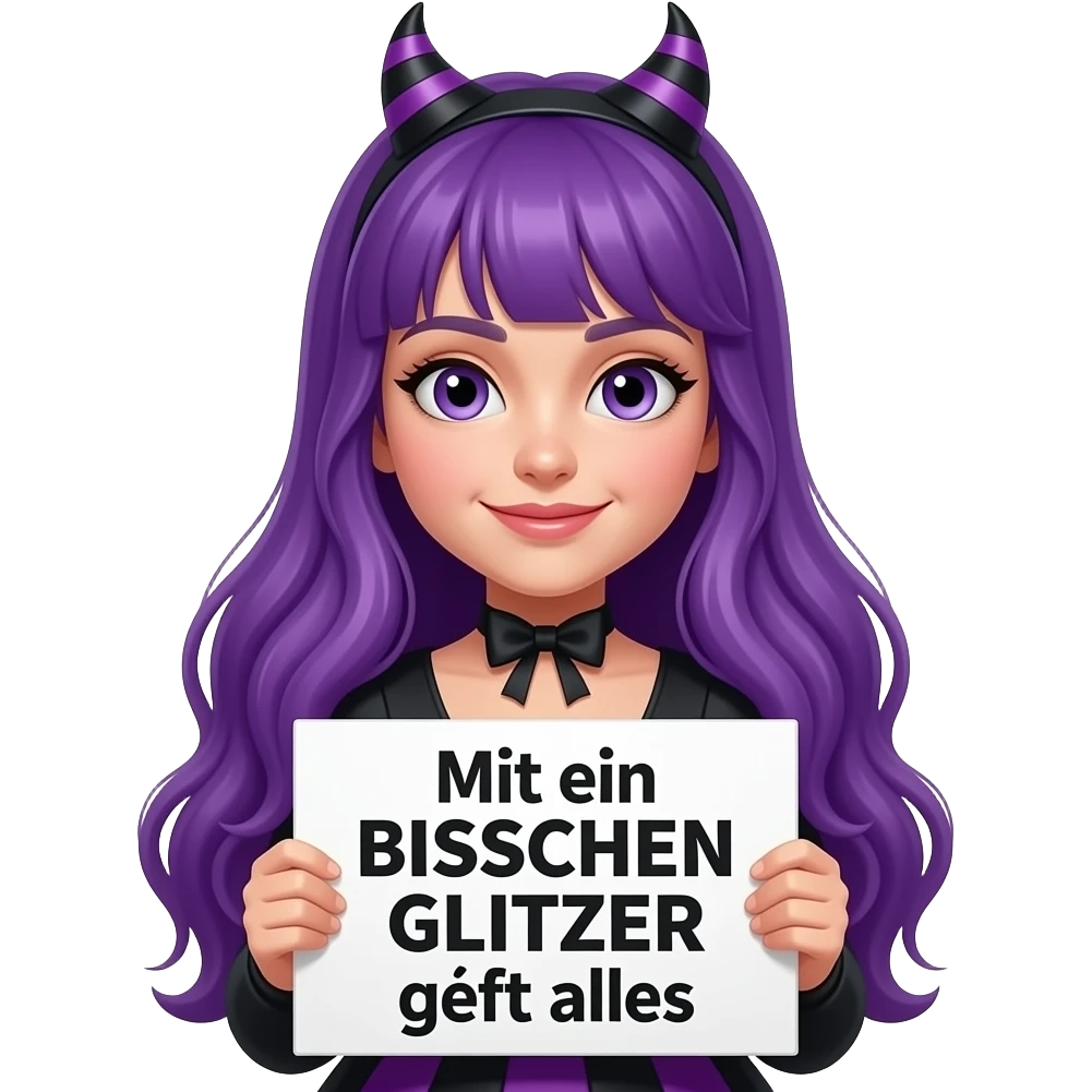 girl with long purple hair wearing a halloween costume holding a Mit ein BISSCHEN GLITZER geht alles sign emoji