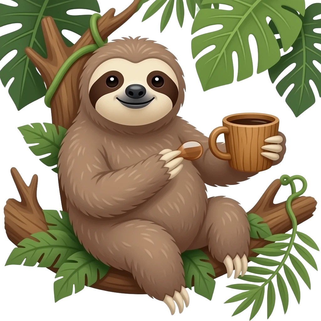 sloth on big jungle tree drink coffee wooden cup hanging emoji