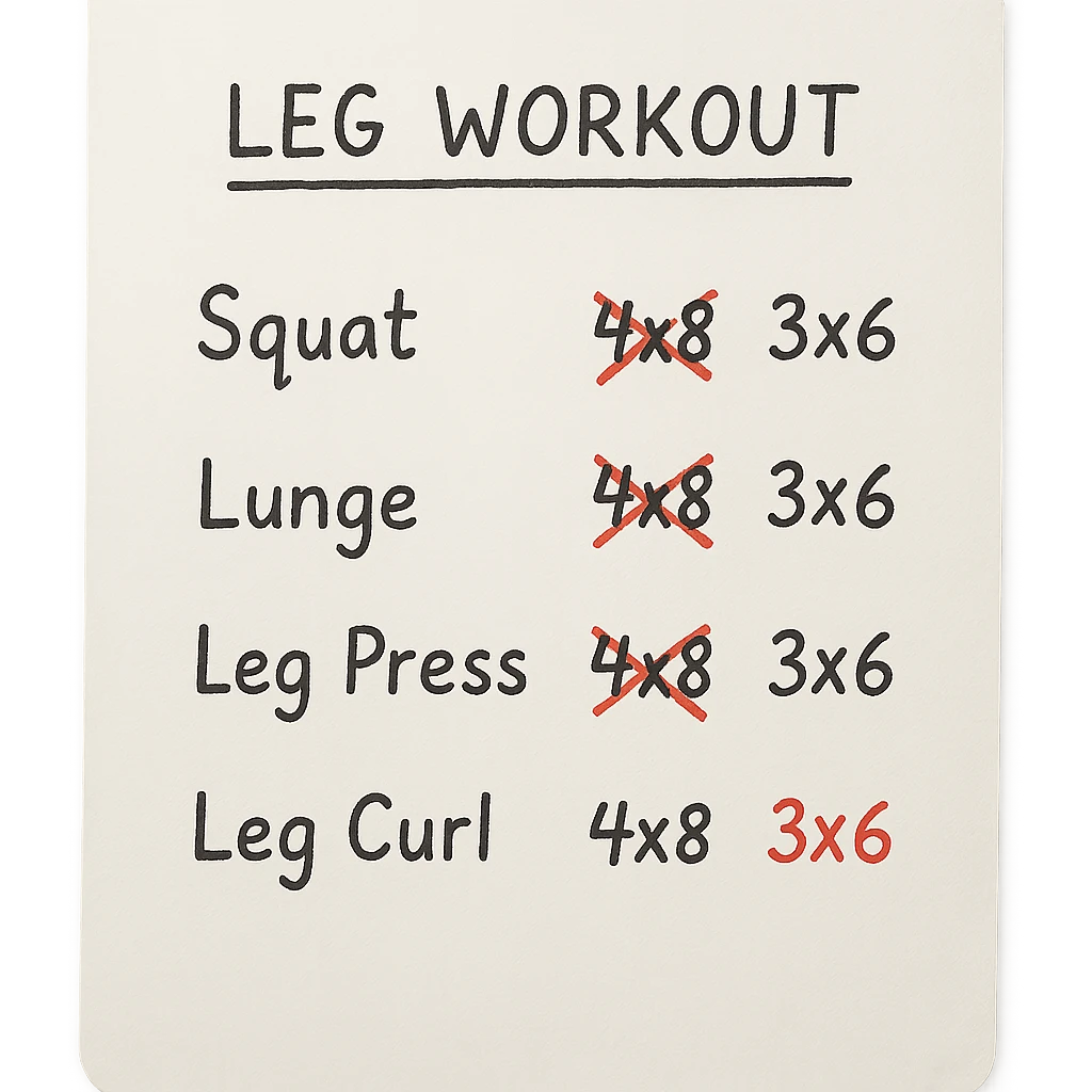 foglio di carta con scheda di allenamento gambe con volume di allenamento ridotto (fai alcuni esercizi con 4x8 scritti in precedenza sbarrati in rosso e la correzione accanto tipo 3x6), scrivila al meglio che puoi emoji