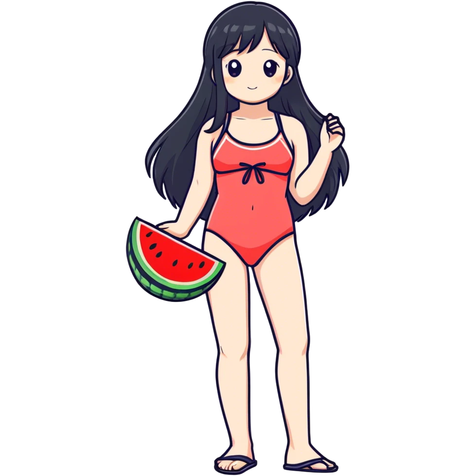 Anime girl with a watermelon in her hands on a beach  emoji