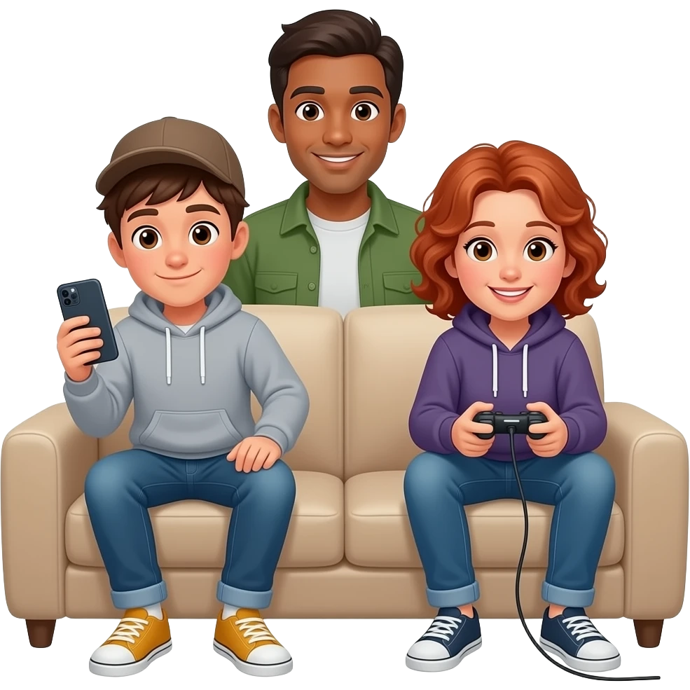 A brown-haired teenager with a cell phone sits sideways on the couch with his feet up, wearing a cap, sweatshirt, and jeans no smiling. Another teenager sits on the couch playing video games, wearing a hoodie. A brown-haired, tan-skinned father and a red-haired, curly-haired mother watch emoji