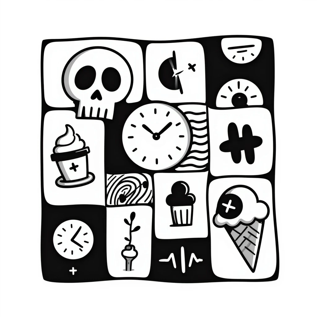 A chaotic patchwork quilt emoji with mismatched symbols and icons, evoking a deliberately absurd and brain-melting feel, grotesque and nonsensical emoji