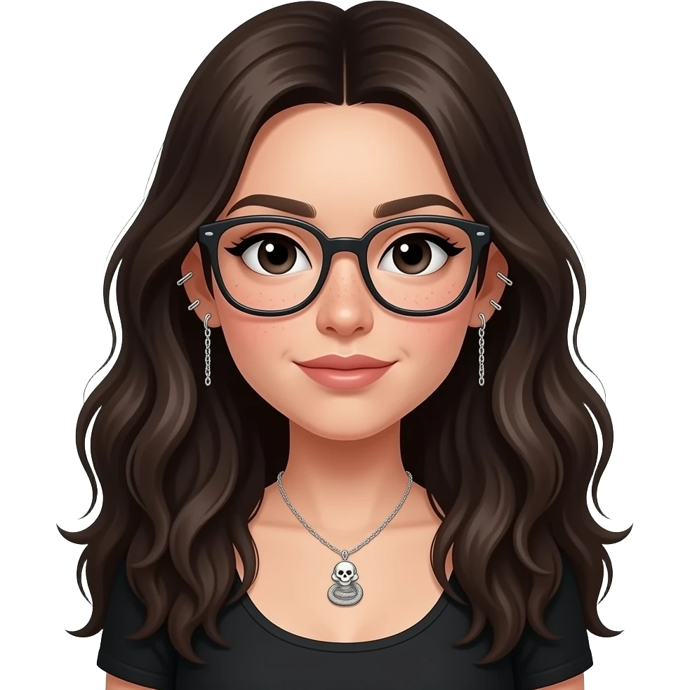 Cool girl in black, whole upper body in sitting state, long hair with volume , black eyes with small eye liner, with chain piercing earrings from helix to lobes (that has skeletons looking like crossing) and glasses, with subtle freckles, wearing a very small silver necklace with a mini snake emoji
