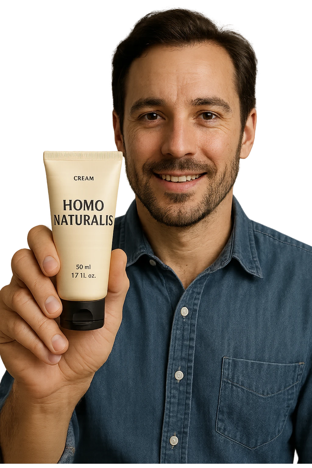 uomo con in mano un prodotto crema di marca "Homo Naturalis" emoji