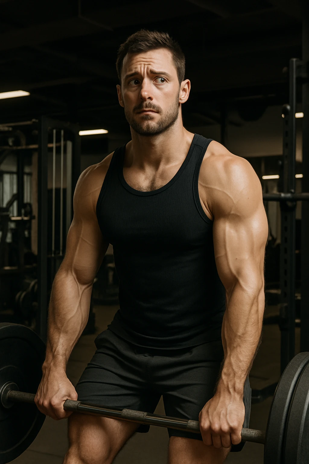 muscular man in gym inspired by reference photo, starting exercise but pausing to evaluate difficulty, attentive look, realistic atmosphere, vertical format emoji