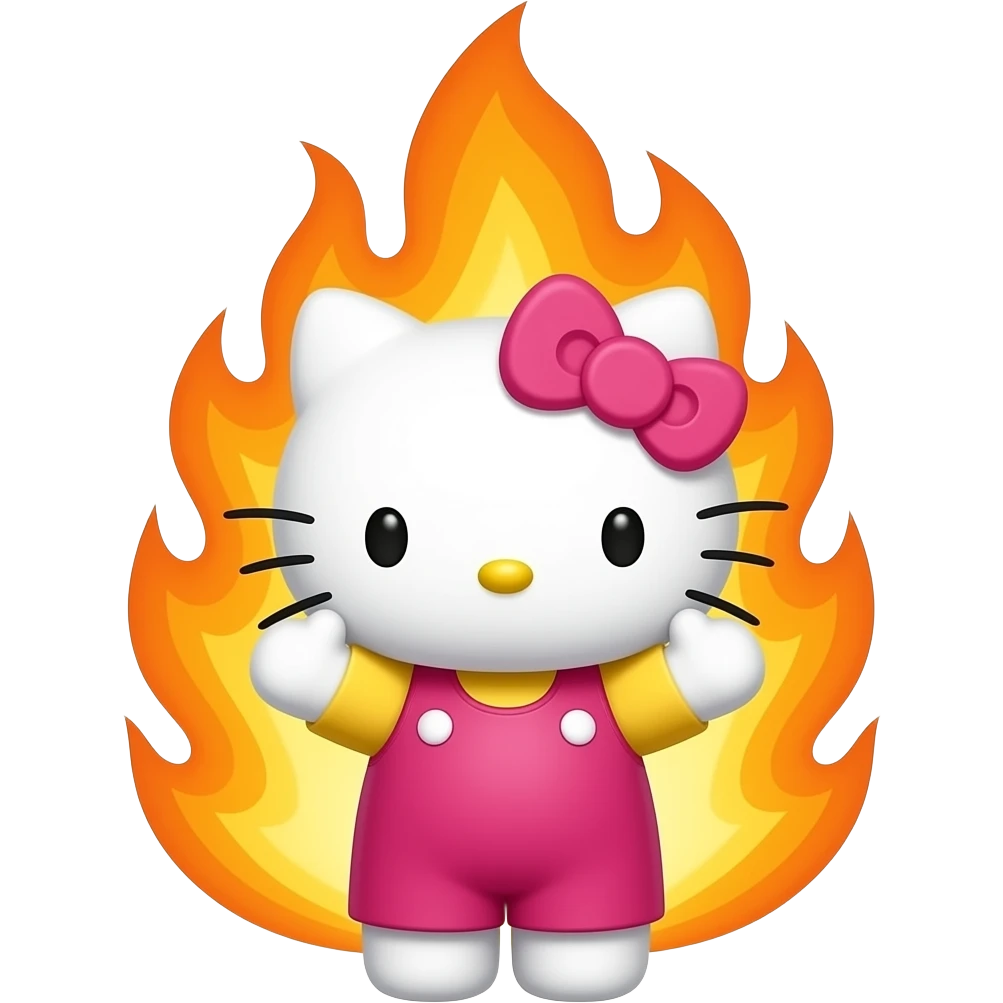 Hello kitty with flames behind her holding her hands up emoji
