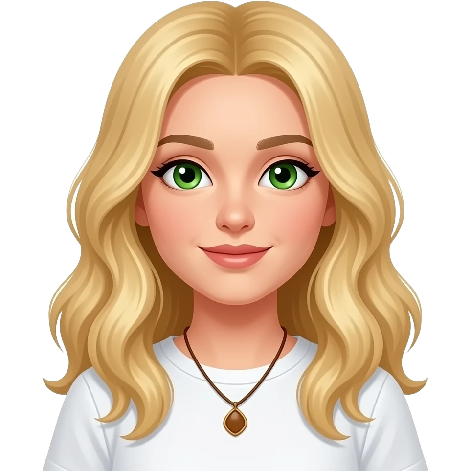 bright green eyes, long blonde hair with a little slightly wavy and layers, brown necklace, white T-shirt emoji