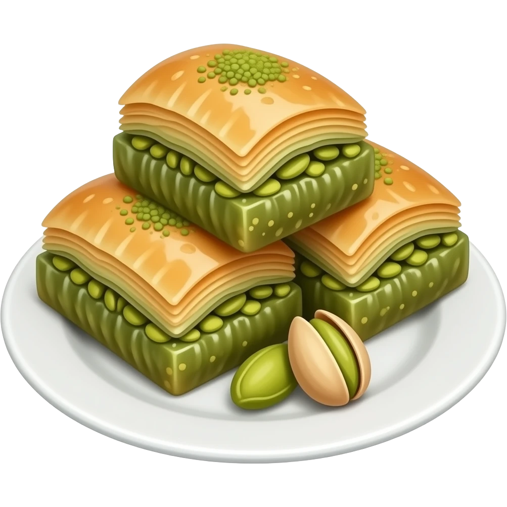 Beyaz sunum tabağına 3 fıstıklı baklava koy ama gerçekçi olsun emoji