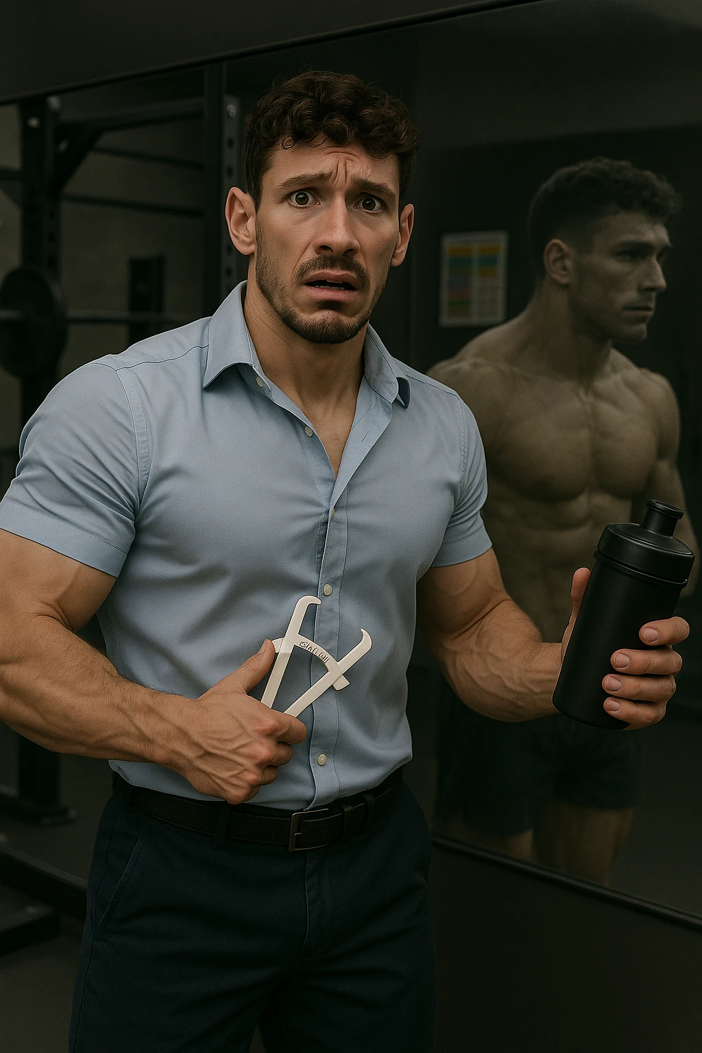 a fit man in his 30s stands in front of a gym mirror, flexing his muscles with a concerned expression. In one hand, he holds a caliper measuring his body fat, while in the other, a protein shaker. Reflected in the mirror, his muscular physique appears slightly faded around the edges, symbolizing his fear of losing muscle. The background shows gym equipment and nutrition charts, emphasizing his focus on definition. emoji