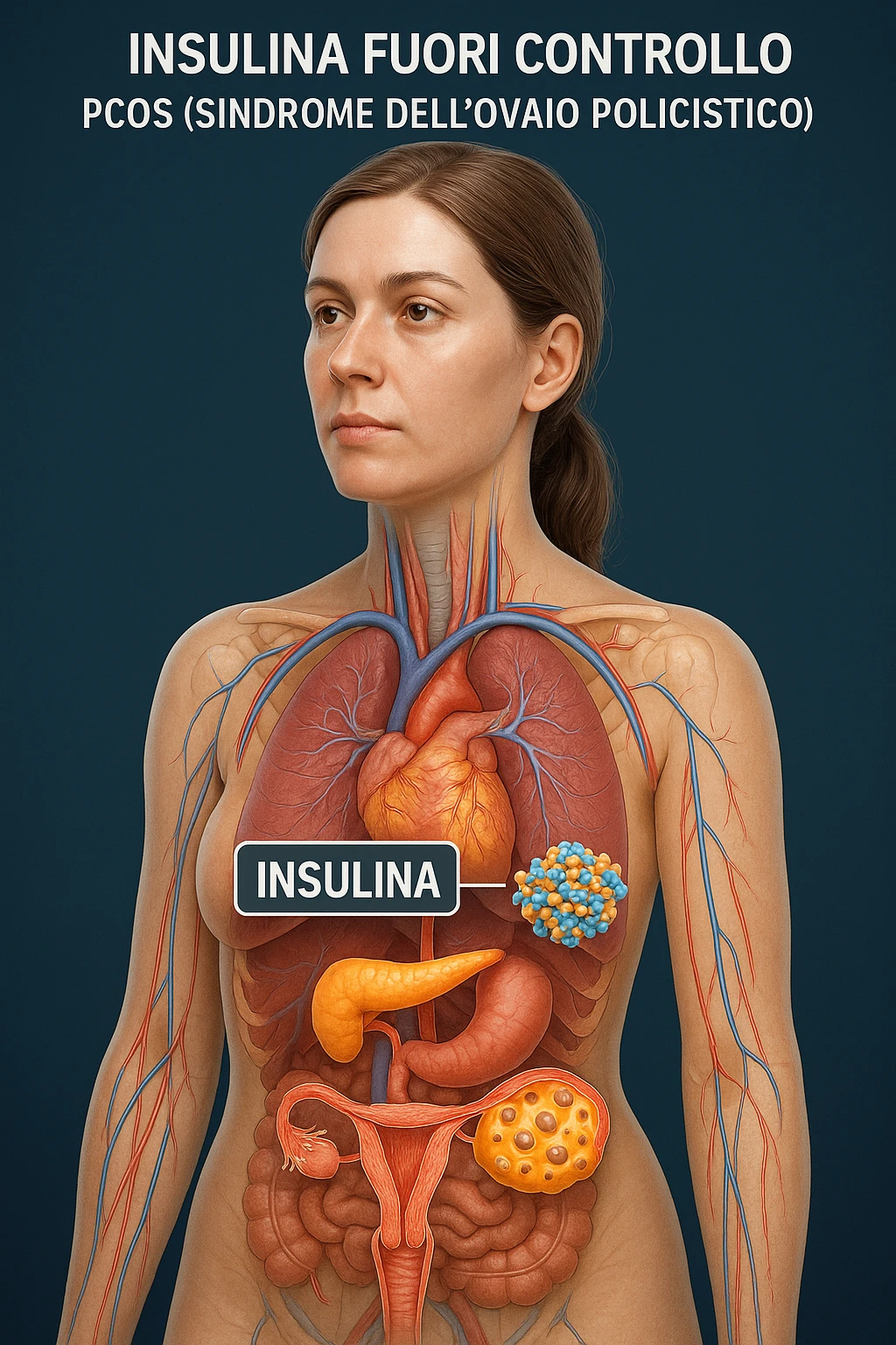 Donna con insulina fuori controllo  in 3D immagine medica donna pcos in italiano basta anche solo un riferimento all'insulina emoji