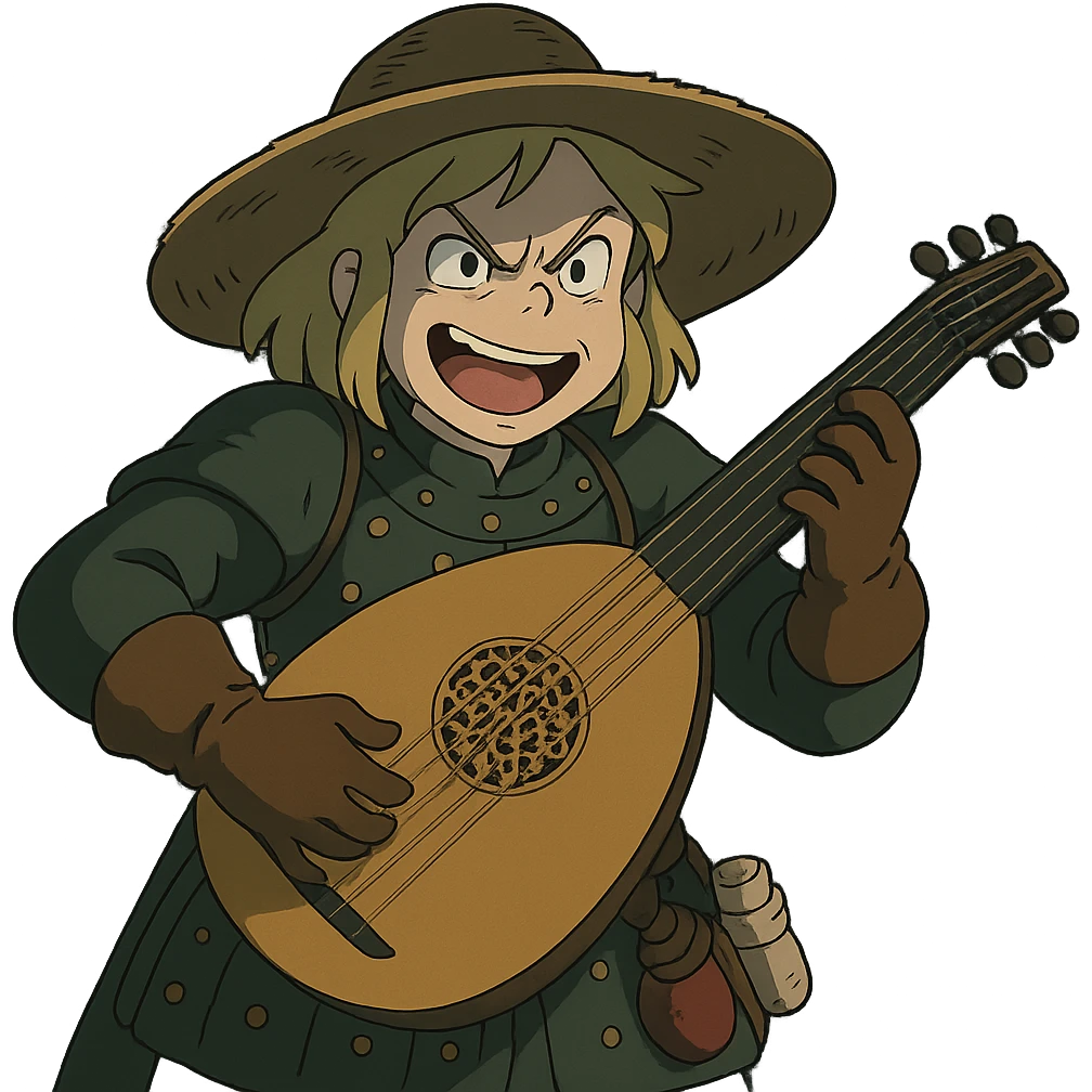 A female bard , blond hair, wearing brigandine armor with a sturdy straw hat, playing a fat medieval lute and singing, night time shadows, tool belt with red potion and bandages, mischievous grin, anger emoji