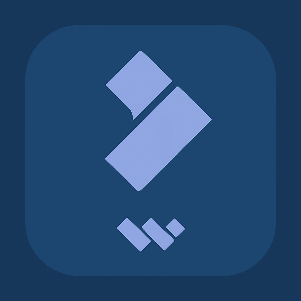 Reimagine the Wondershare Filmora app logo in a minimalistic, flat blue style consistent with previous icons. Use shades of blue for the background and the logo elements, keeping the design clean and simple. The main logo should be recognizable, with a rounded square blue background and blue logo shapes. Minimal use of other colors, prioritize clarity and recognizability. emoji