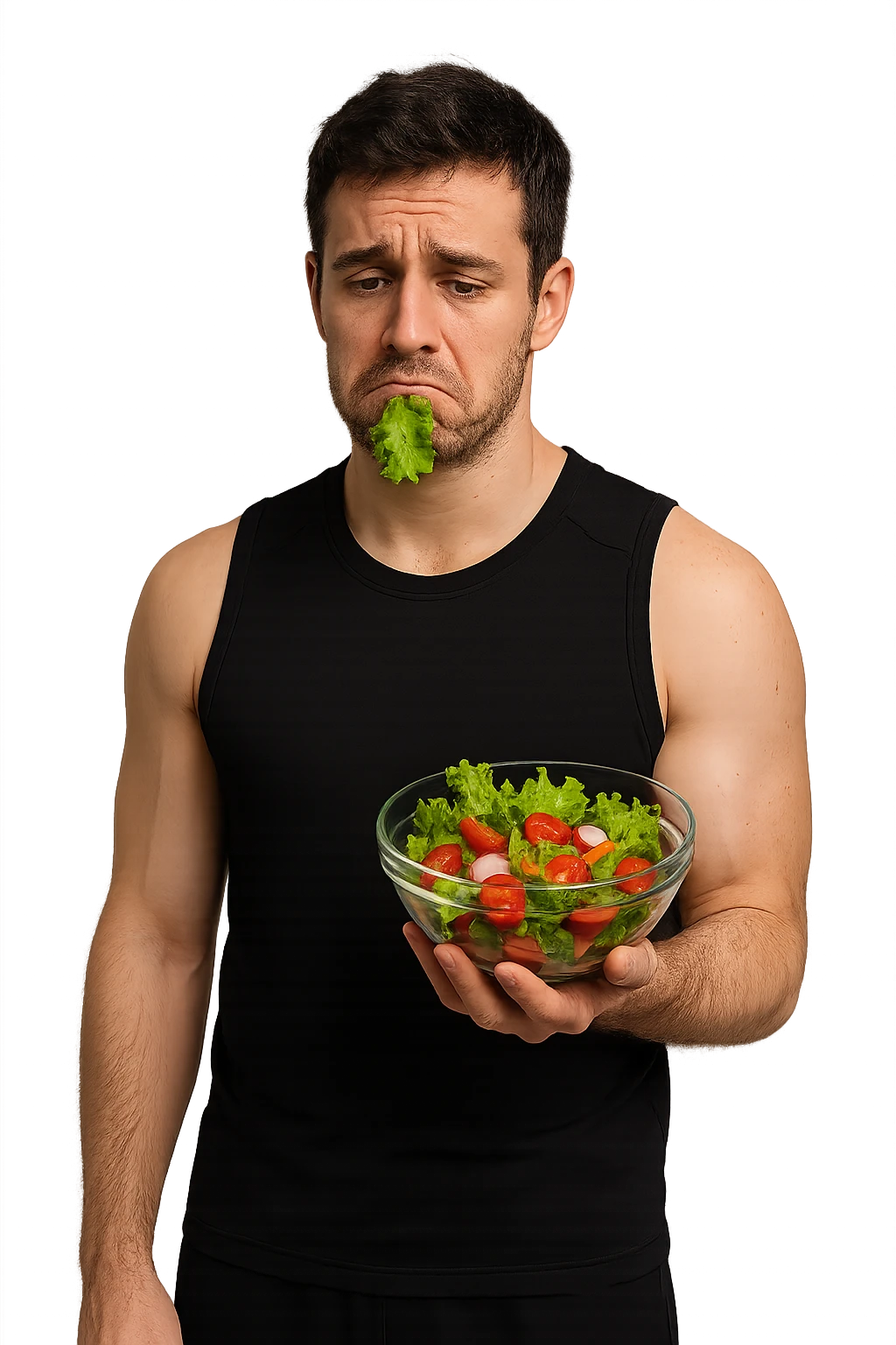 uomo fitness cON INSALATA IN MANO E FOGLIA DI INSALATA IN BOCCA, ESPRESSIONE TRISTE emoji