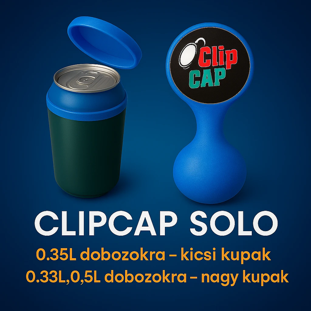 A kupakokat színezd át kékre. A CLIPCAP DUO felírat helyett CLIPCAP SOLO felírat legyen, a "kicsi és nagy kupak a csomagban" szöveg helyett "0.25L dobozokra - kicsi kupak" és a "0.33L,0.5L dobozokra - nagy kupak" külön sorban. emoji