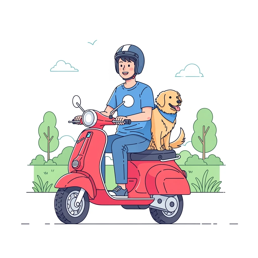 color vector art with thin outline of man and pet dog riding a scooter emoji