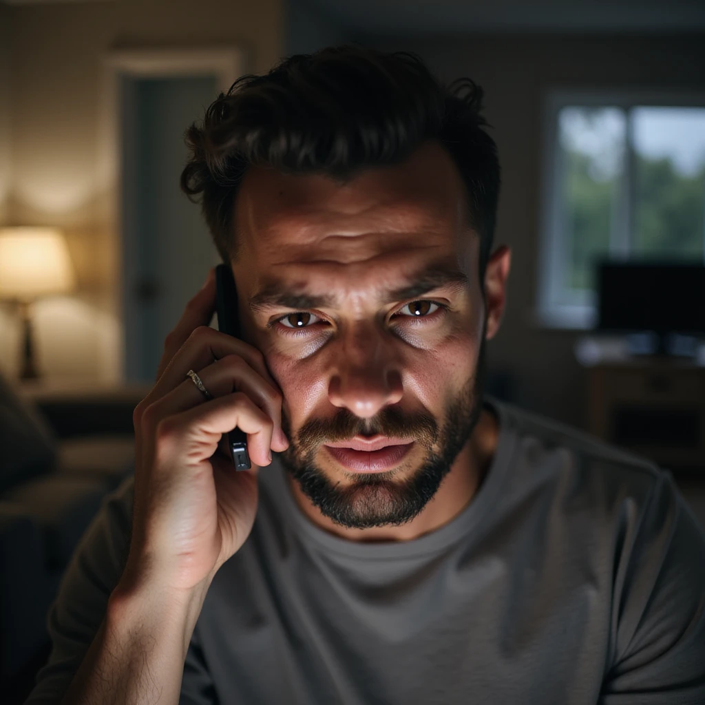 Man sending whiny voice messages from his phone, suffering face turned toward the camera, teary eyes, domestic environment, hyperrealistic 4K details emoji