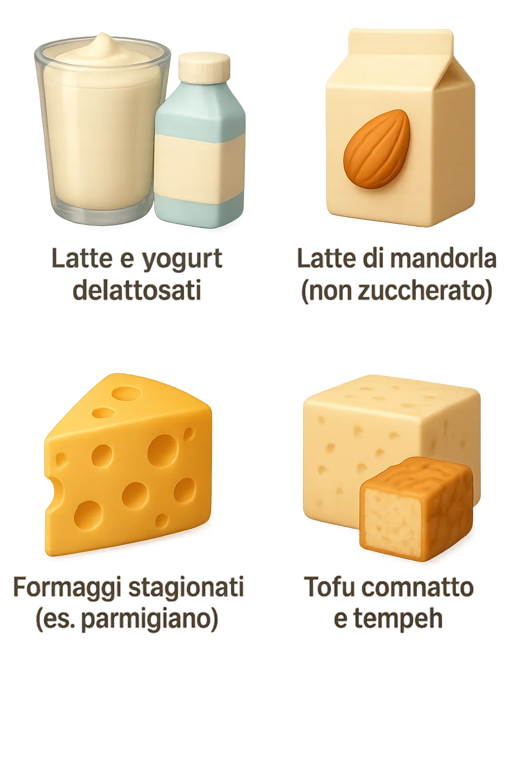 emoji stile iphone 3d di questi elementi che fluttuano in aria:

Latte e yogurt delattosati
Latte di mandorla (non zuccherato)
Latte di soia da proteine isolate
Formaggi stagionati (es. parmigiano)
Tofu compatto e tempeh
 che fluttuano in aria,  le etichette scrivile in italiano, iperealistico 4k emoji