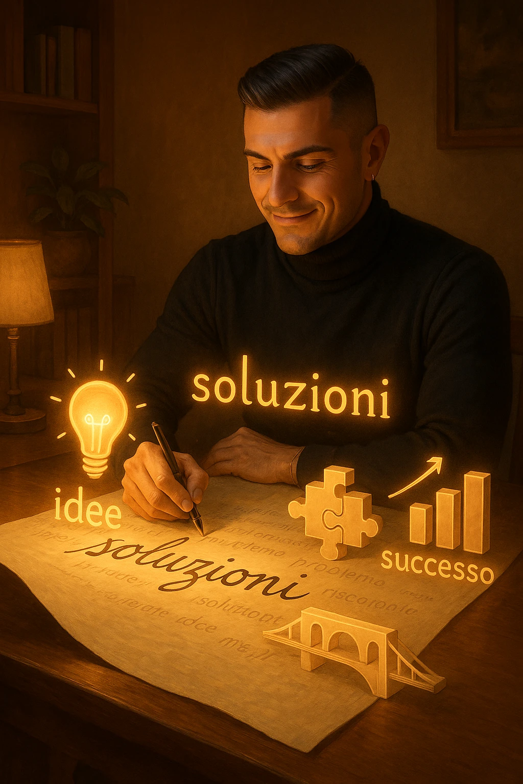 Un uomo concentrato, seduto alla sua scrivania in una stanza con luce calda, sta scrivendo su un enorme foglio di carta che si espande magicamente davanti a lui. Mentre scrive, le parole si trasformano in elementi visivi tridimensionali che rappresentano le soluzioni ai suoi problemi in italiano emoji