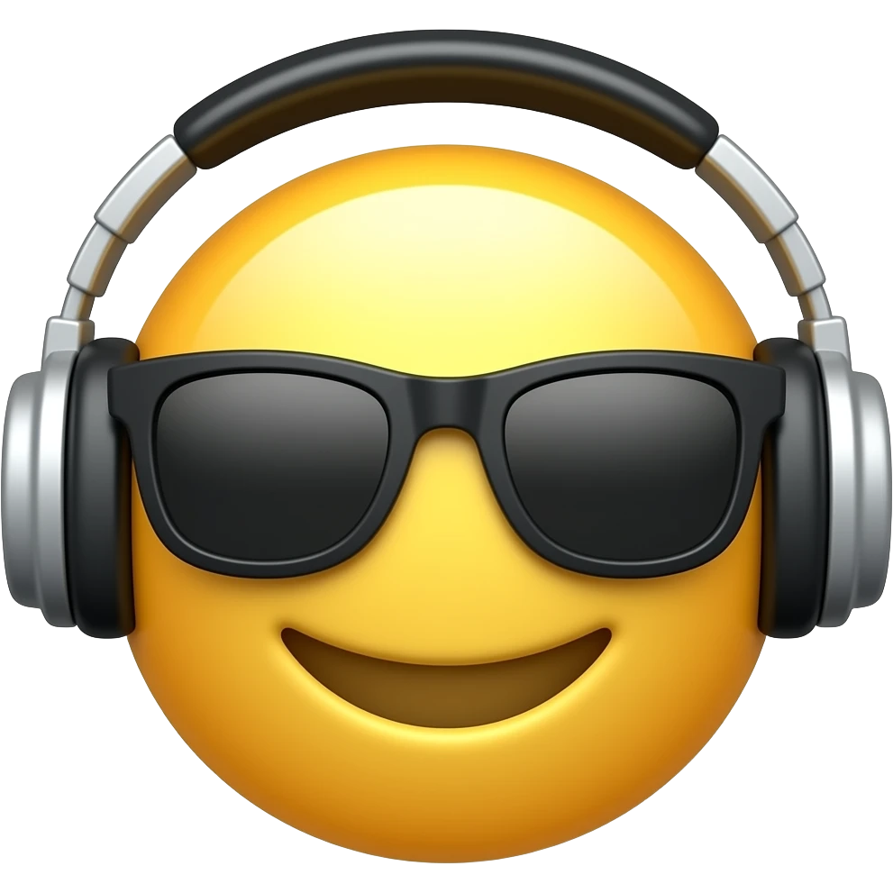 Erstelle ein Emoji für die WhatsApp Nutzung. Dabei soll das Emoji bund sein, als Kugel in sich verdreht und ein DJ Kopfhörer tragen. Das Gesicht des Emoji soll herzlich lächelnd und und fresch aussehen und eine Sonnenbrille tragen. emoji