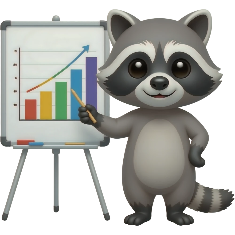 raccoon presenting in front of a whiteboard with a colored chart emoji