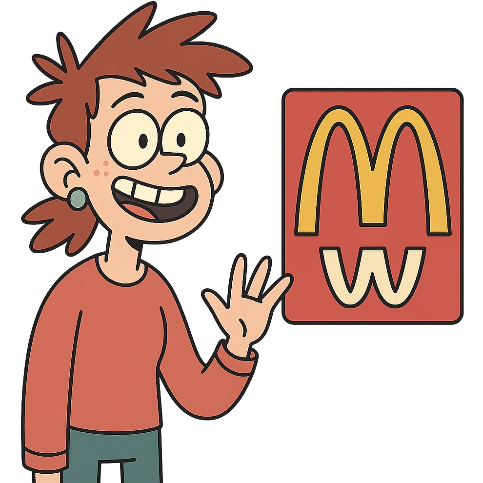 fake McDonald's logo with altered golden arches, quirky and fun, flat design emoji