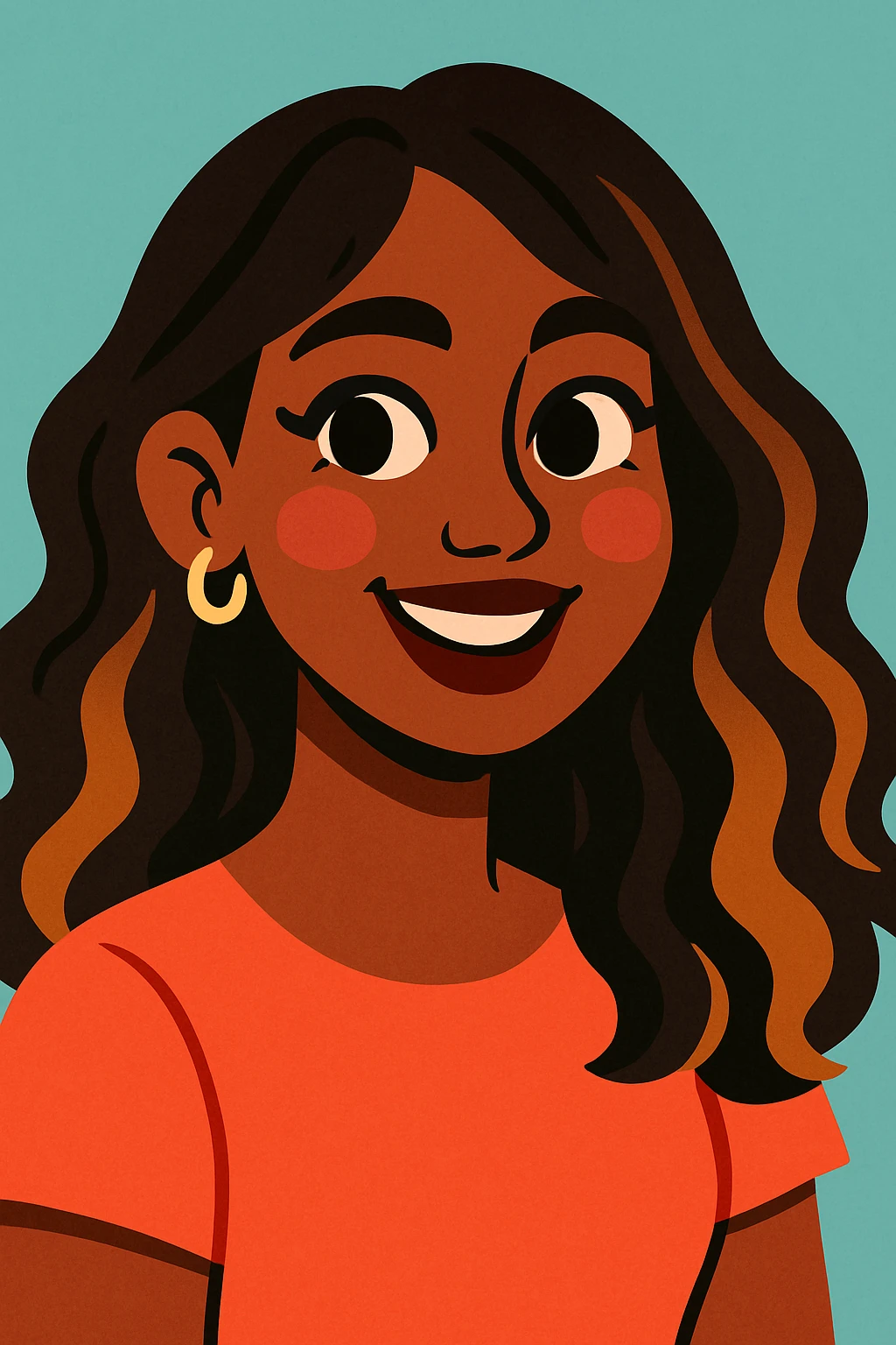 young woman with dark skin, brunette hair with caramel balayage, brown eyes, curled lashes, blush, in a vibrant, expressive illustration emoji
