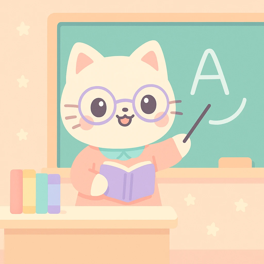 cute cat teacher standing in front of a blackboard in a classroom, teaching, with books and blackboard in the background, bright and warm atmosphere emoji