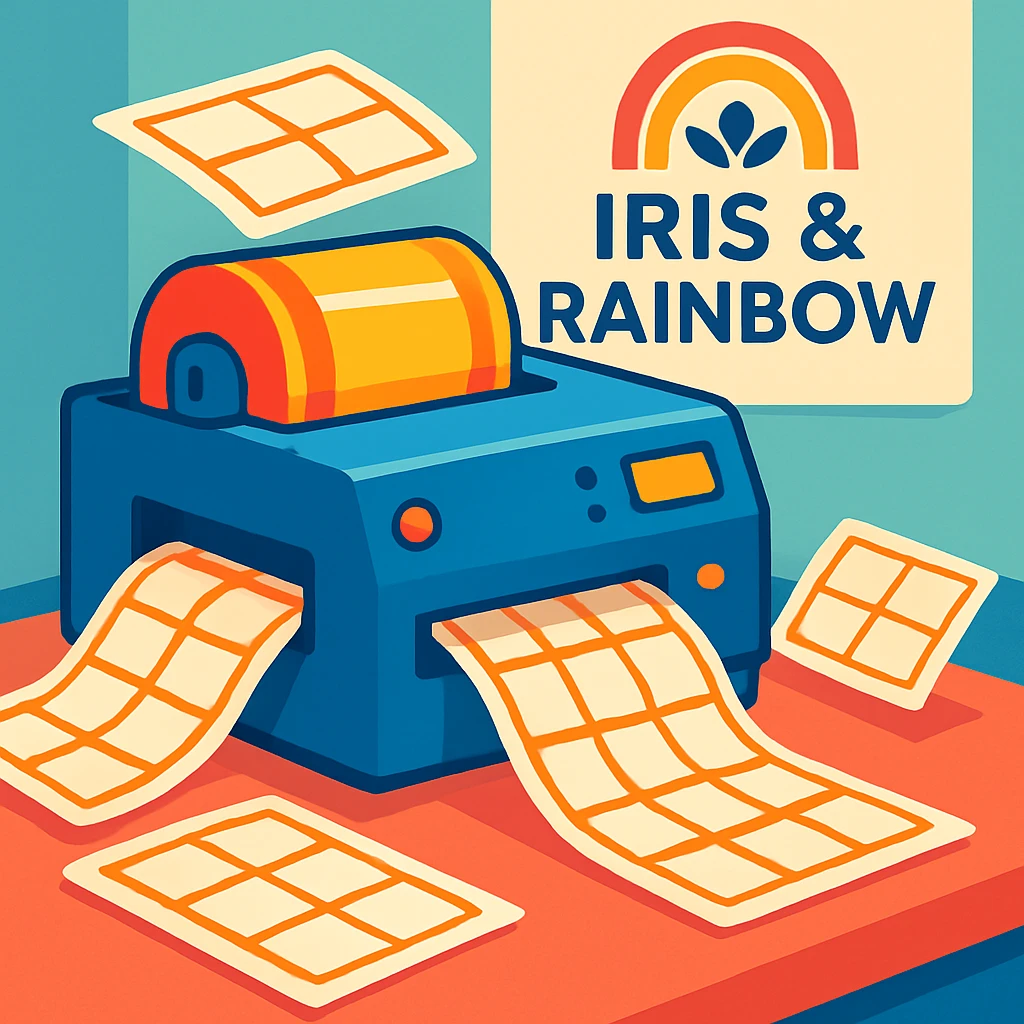 A busy label printer in action, sheets of labels coming out, and a stylish 'Iris & Rainbow' logo in the background, playful and bright, colorful, modern, vibrant, clear, clean, professional emoji
