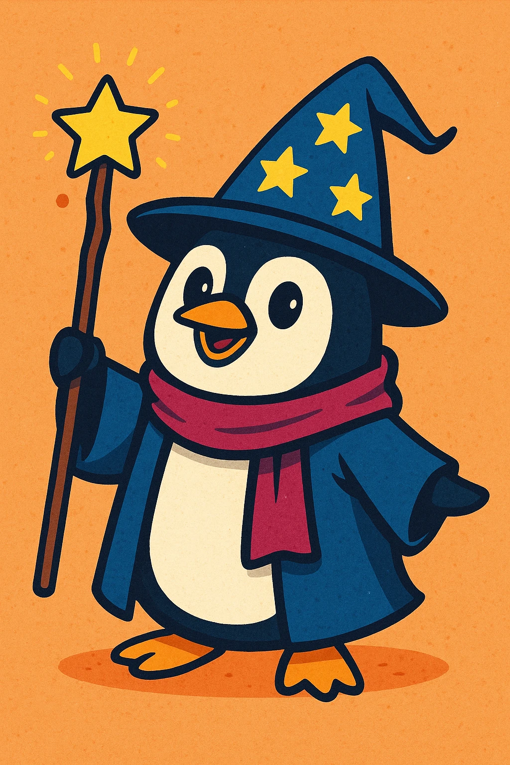 a penguin dressed as a wizard, with a pointy hat and a magic staff, fun whimsical style, vibrant toon style emoji