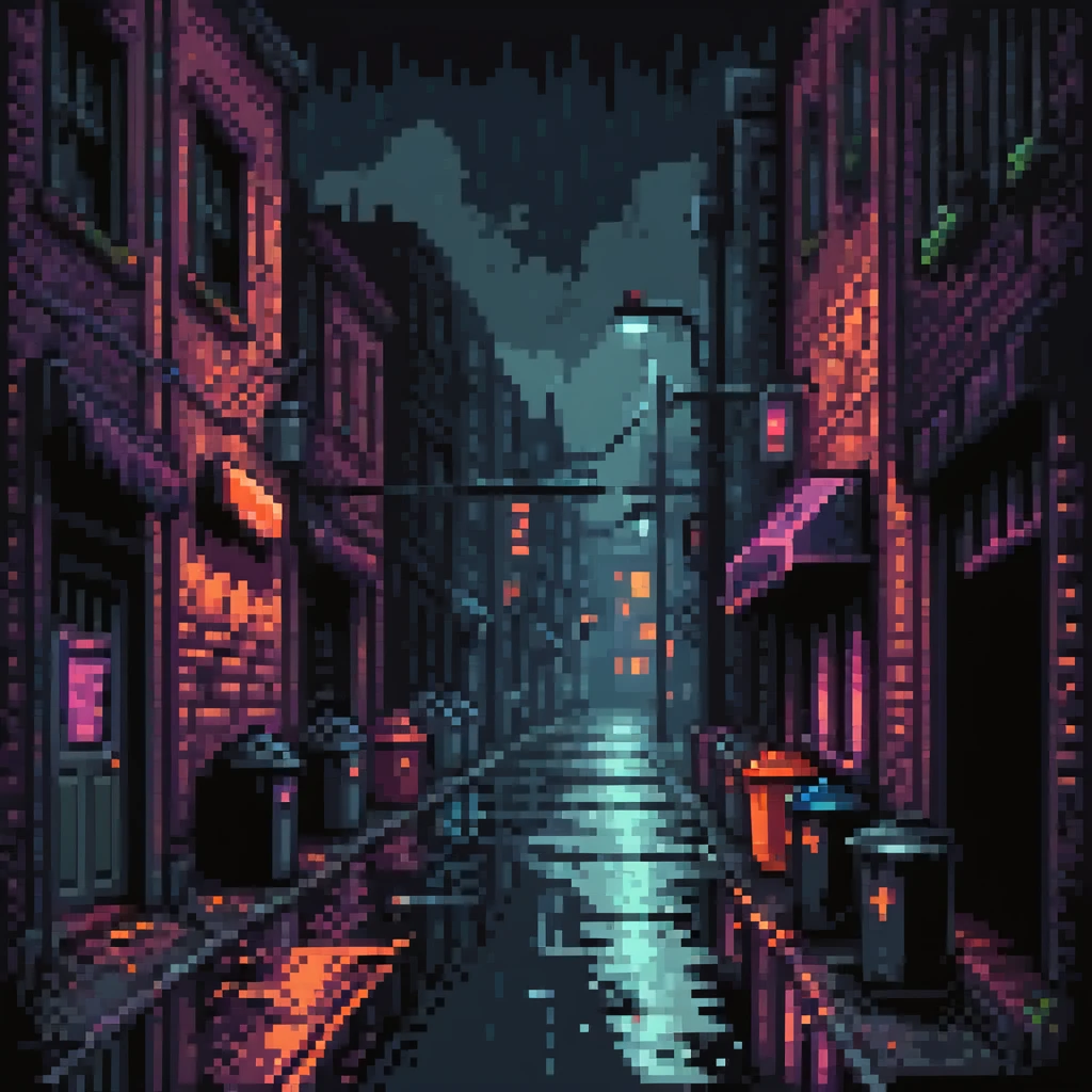 Pixel art background, dark Gotham City alley at night, flickering neon signs, wet asphalt, trash bins, moody streetlight, silhouettes in windows, Sega fighting game style
 emoji