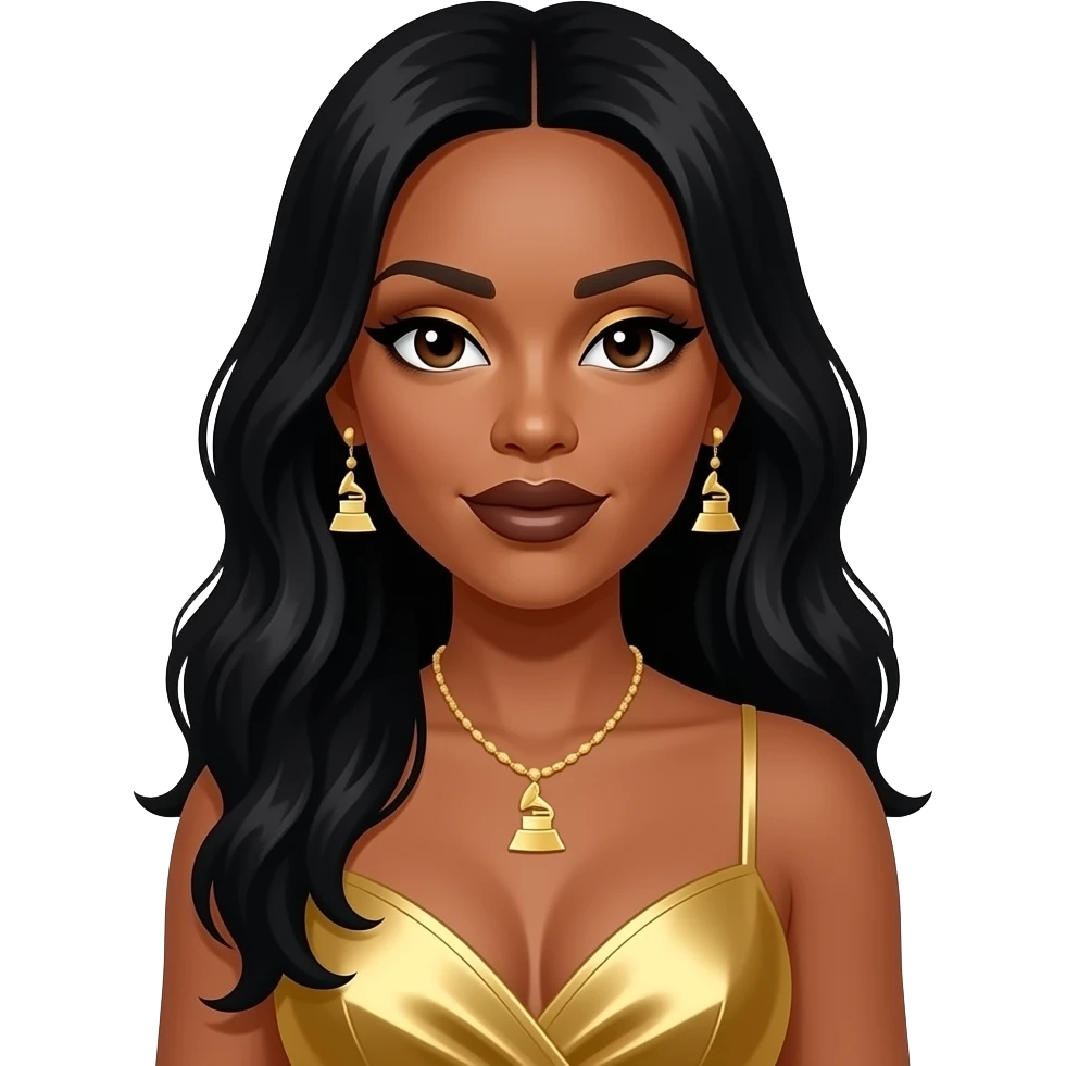 Tenitra Michelle Williams from Destiny's Child with dark brown eyes, long black hair, gold eyeshadow, dark brown lipstick, grammy gold dress, necklace and earrings emoji