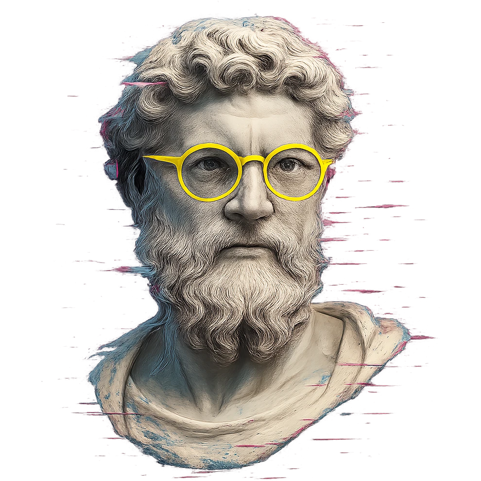 Greek marble bust with curly hair and beard, neon yellow round glasses, digital glitch effects, cyberpunk style, centered, ultra-detailed, soft shadows, clean edges, transparent background emoji