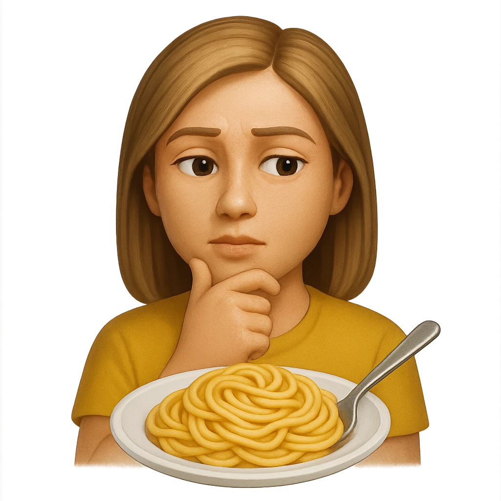 donna che guarda pensierosa un piatto di pasta, stile emoji iphone, iperrealistico 4k emoji