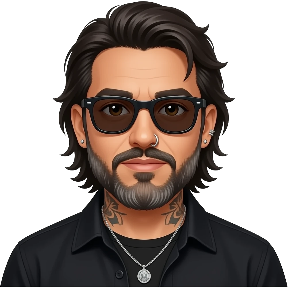 The handsome manly Latino podcast host with medium length hair, a long slightly graying beard and tattoos with his ears pierced 1 time each ear and a nose ring on the right side, dark brown eyes, wearing black, super dark sunglasses, jewelry, losing everything emoji