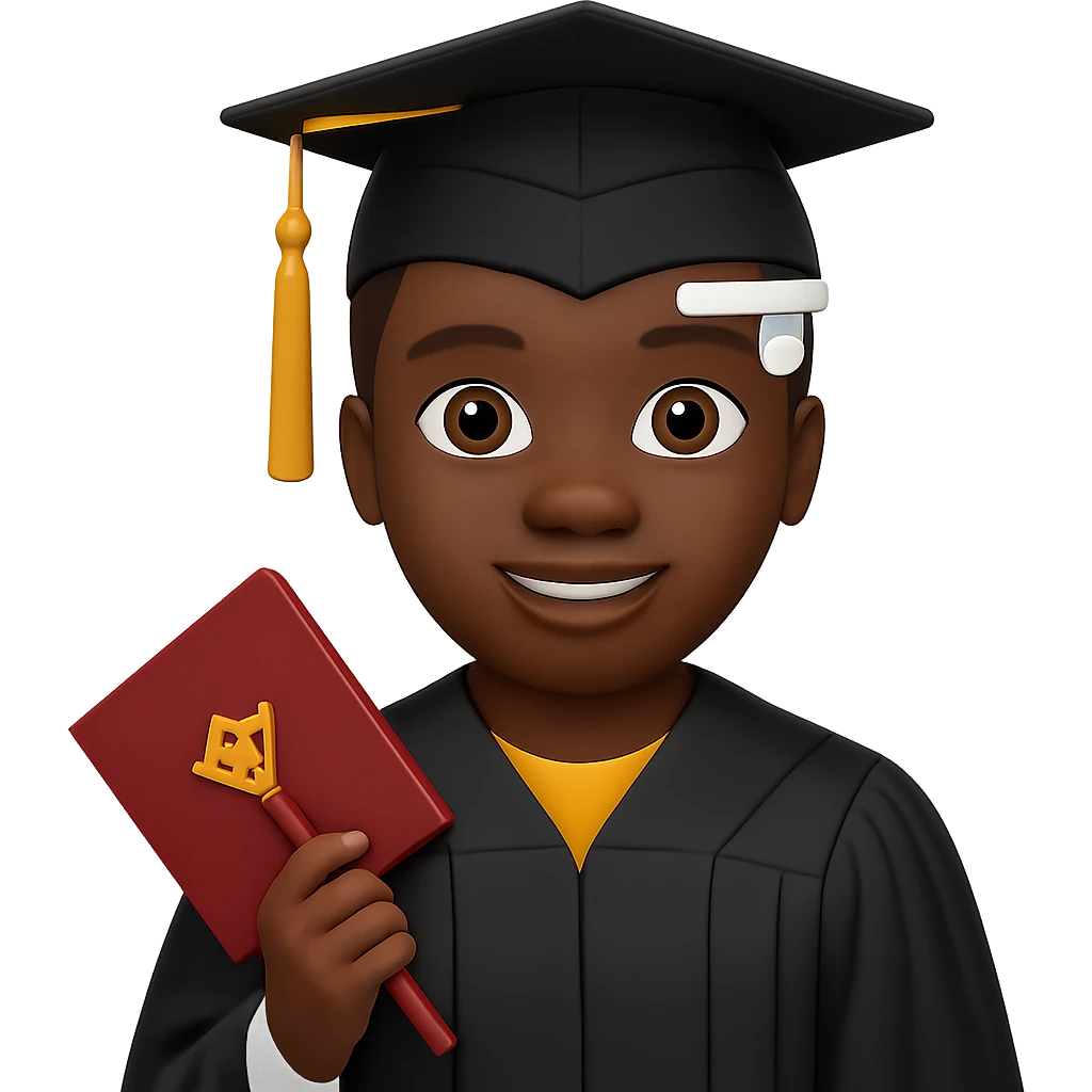 Make the smiling graduate with diploma emoji feature an African American character, with no background. emoji