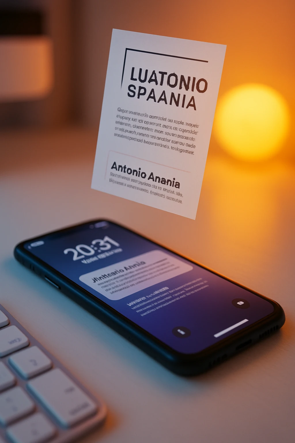 A photo of an iPhone with the message "Antonio Anania" on its screen, hovering over it is another document floating in mid-air, both surrounded by soft light and shadow. The phone sits atop a desk with a blurred background that suggests work environment. A faint glow from above casts gentle shadows across the surface of each object, creating depth and highlighting their textures. emoji