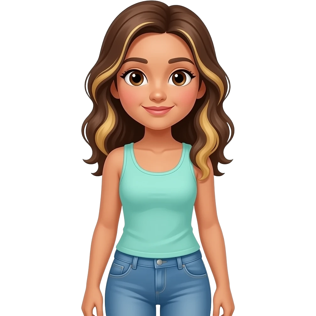 A Hispanic girl with brown hair and some blond highlights with no glasses with a cute light teal tank top full body with jeans emoji