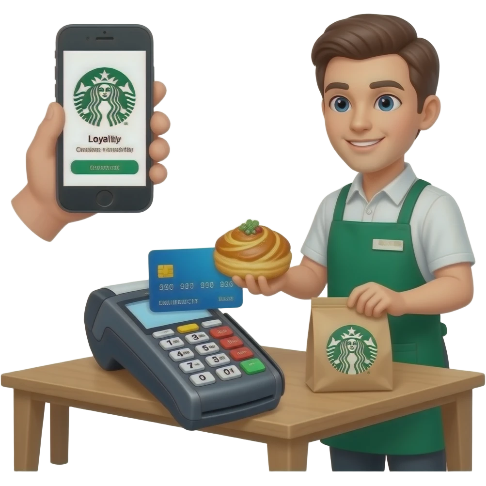Please show hands of customer left hand they should be paying with their card on POS SYSTEM , have their phone on the table with the starbucks loyalty point and the cahsier should be handing them a pastry in a starbucks packaging emoji