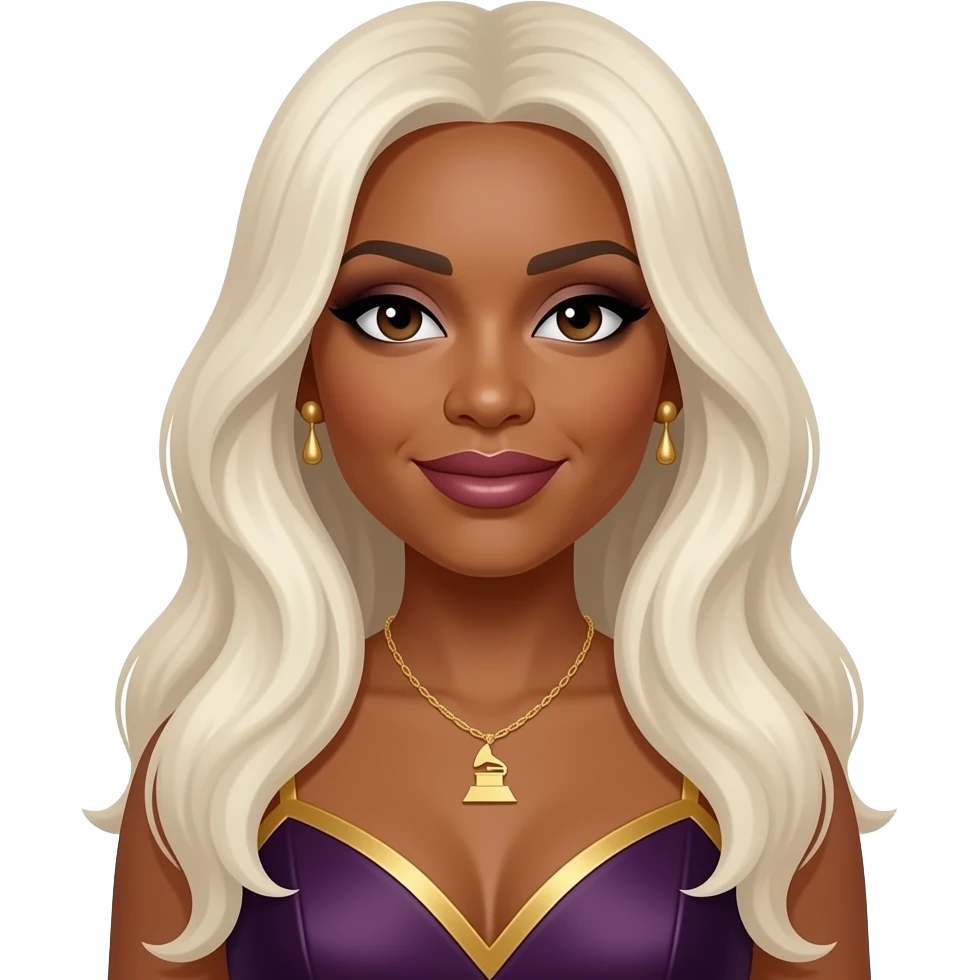 Cheryl "Coko" Gamble from SWV with dark brown eyes, long white blonde hair, dark brown eyeshadow and lipstick, dark purple and gold grammy dress, necklace and earrings emoji
