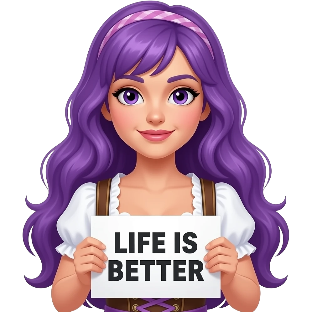 sexy girl with long purple hair and purple eyes wearing a dirndl holding a LIFE IS BETTER in a DIRNDL sign emoji
