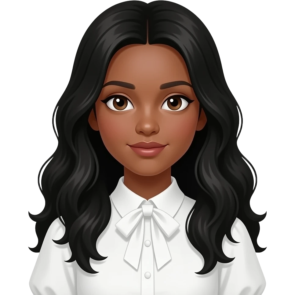 Chica de piel trigueña, cabello negro largo y en capas, ojos cafés y estilo old money blusa blanca coquette emoji