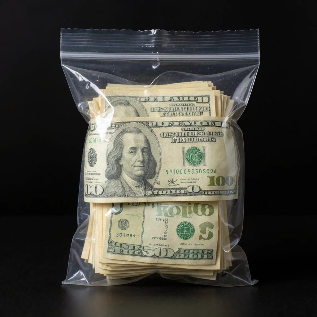 Create a hyper-realistic, very professional image of a stack of crisp, realistic cash inside a clear, high-quality plastic bag. The bag should be transparent with subtle reflections and details, resembling professional packaging. No background. emoji