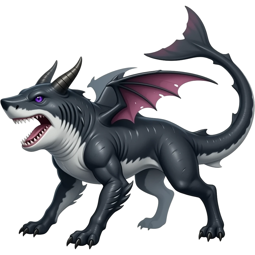 4-legged gothic ruff rough digitigrade dark badass edgy carvanha-sharpedo-Shark-Night-Fury-hybrid-fusion-creature, with a long shark tail behind, full body emoji