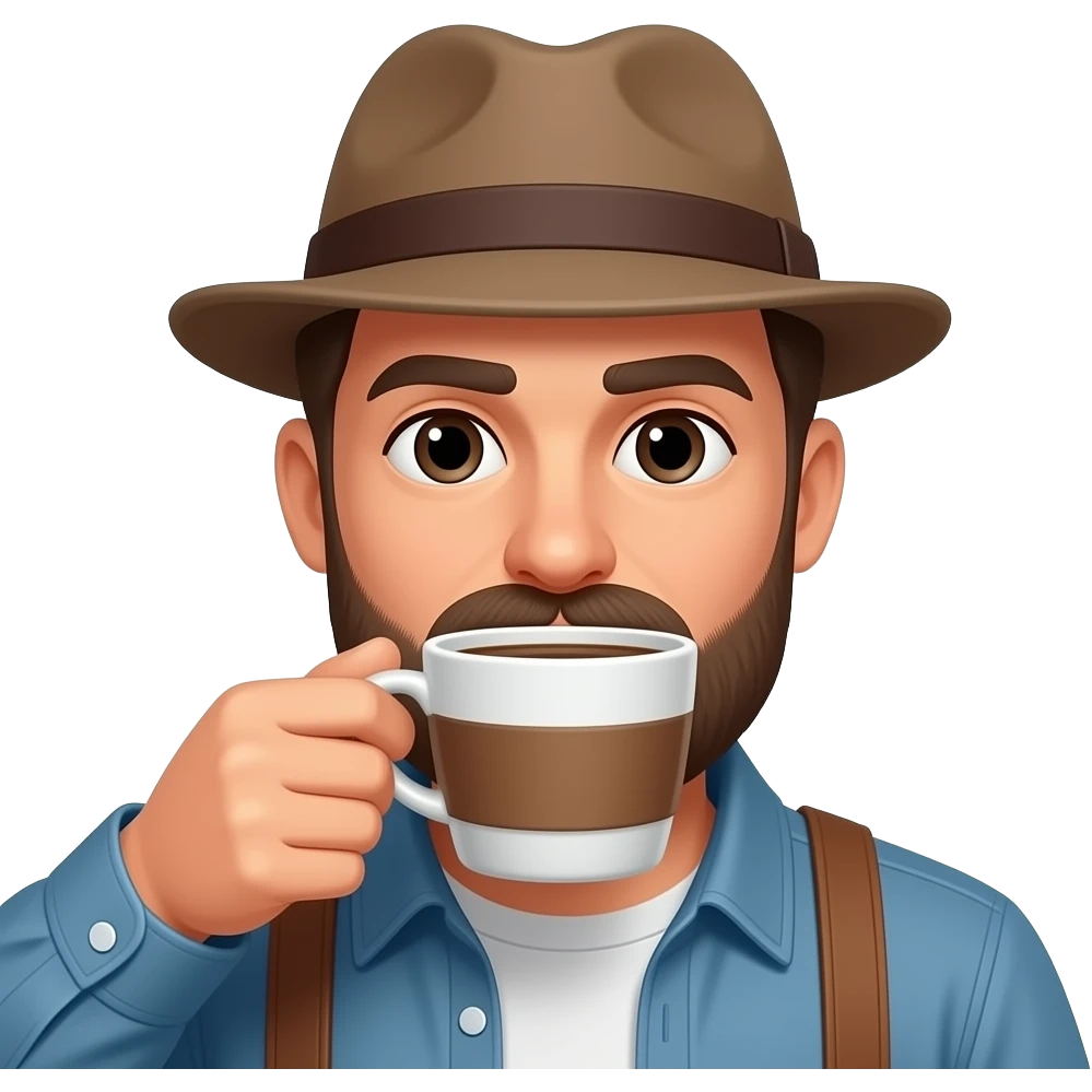 man with hat and beared drink coffee cup color visible close up emoji