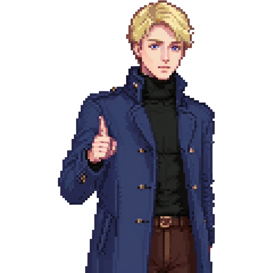 Flat pixel art, bold and charismatic male leader, Caucasian, short neat blonde hair, sharp eyes, indigo coat over black turtleneck, one arm raised pointing out, waist-up, front-facing emoji