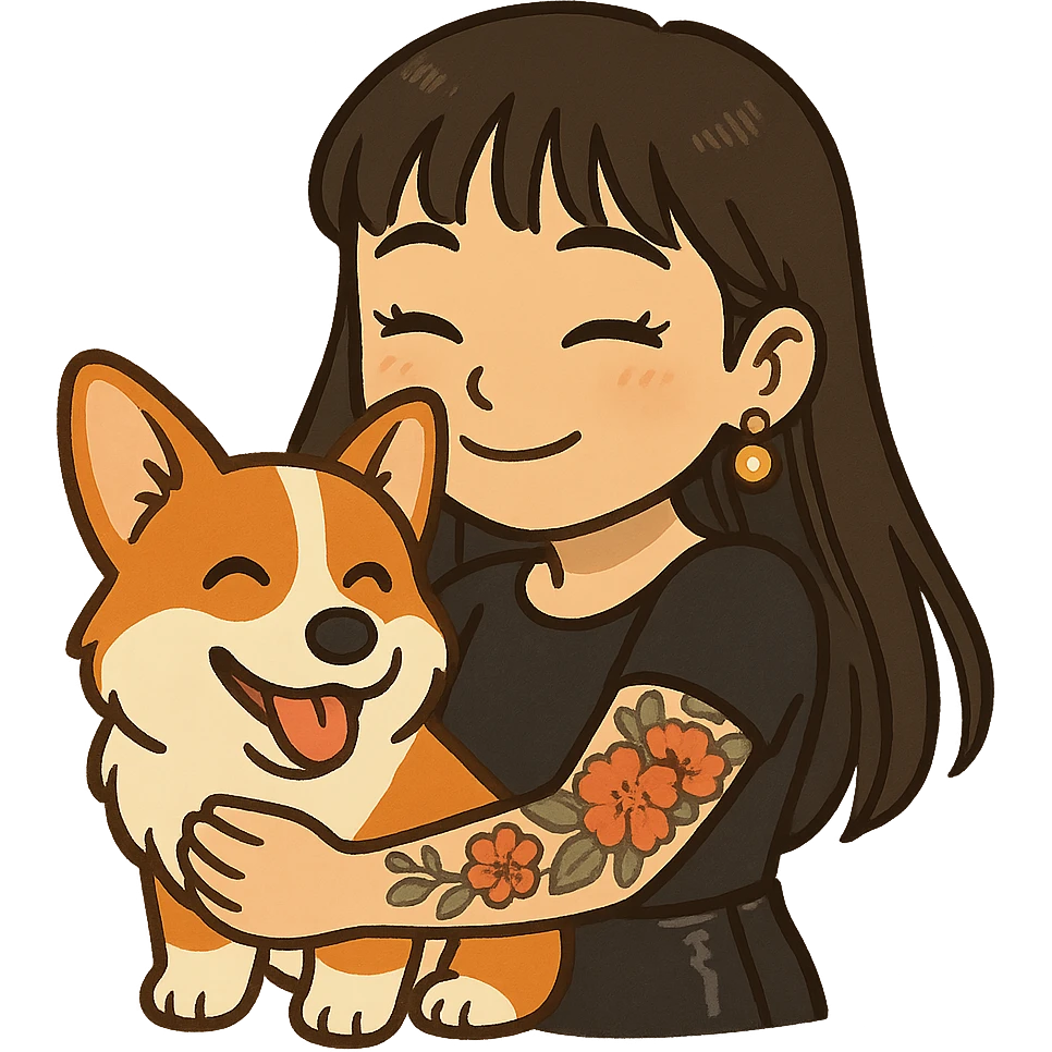Ghibli-style emoji of an Asian girl with long hair and wispy bangs, black leather dress, gold earrings, subtle false lashes, and a 3/4 sleeve tattoo with flowers on her left arm, hugging a cheerful red head tri-color corgi, simplified, emoji-like emoji