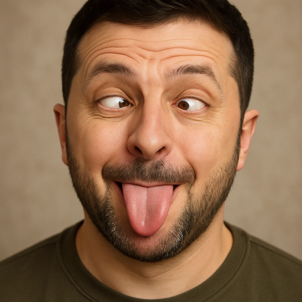 Vladimir Zelensky, photorealistic, emoji style, making a playful silly face emoji