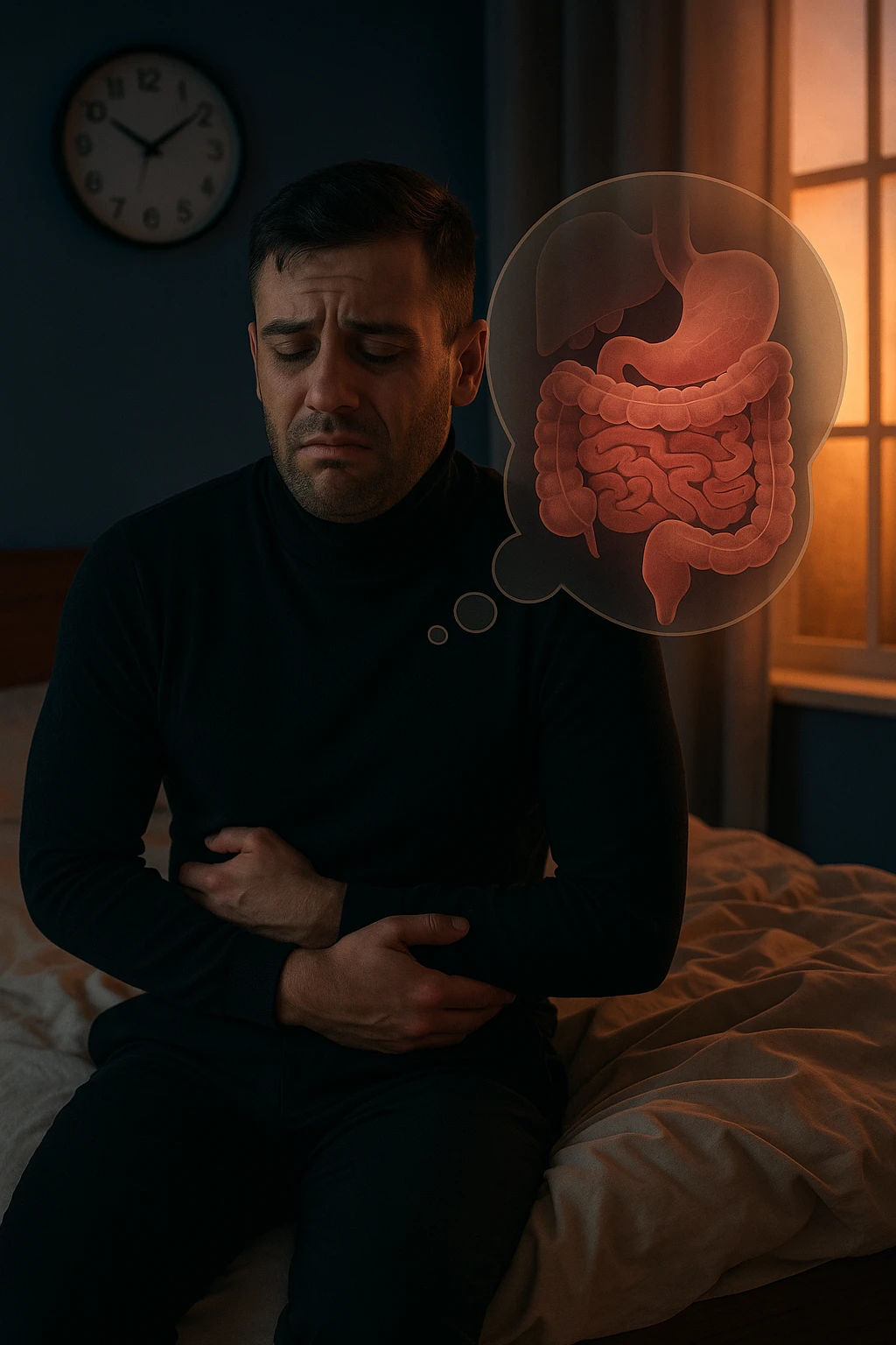 a tired-looking man sits on the edge of his bed at dawn, holding his stomach with a pained expression. Dark circles under his eyes and a messy bed indicate poor sleep. In the background, a clock shows early morning hours, and a thought bubble or overlay highlights digestive organs, emphasizing intestinal discomfort linked to sleep deprivation. emoji