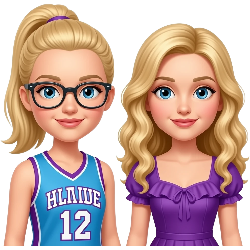 liv and maddie (2 dove camerons with blonde hair, one's hair straight and in a ponytail, she has glasses and is wearing a blue and purple basketball jersey. the other one's hair is blonde, long and curled and she is wearing a dress with a purple ruffle around the top. she looks like an actress emoji