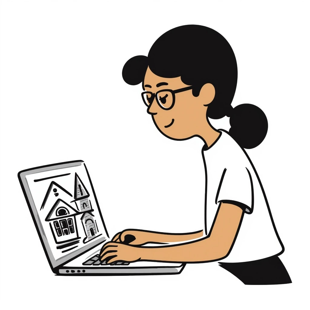 a designer with tan skin and square glasses using a laptop, hand-drawn doodle style emoji